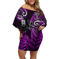 Custom New Zealand Tiki Tennis Family Matching Off Shoulder Short Dress and Hawaiian Shirt 2024 Aotearoa Tenehi Maori Silver Fern - Purple LT14 Mom's Dress Purple - Polynesian Pride