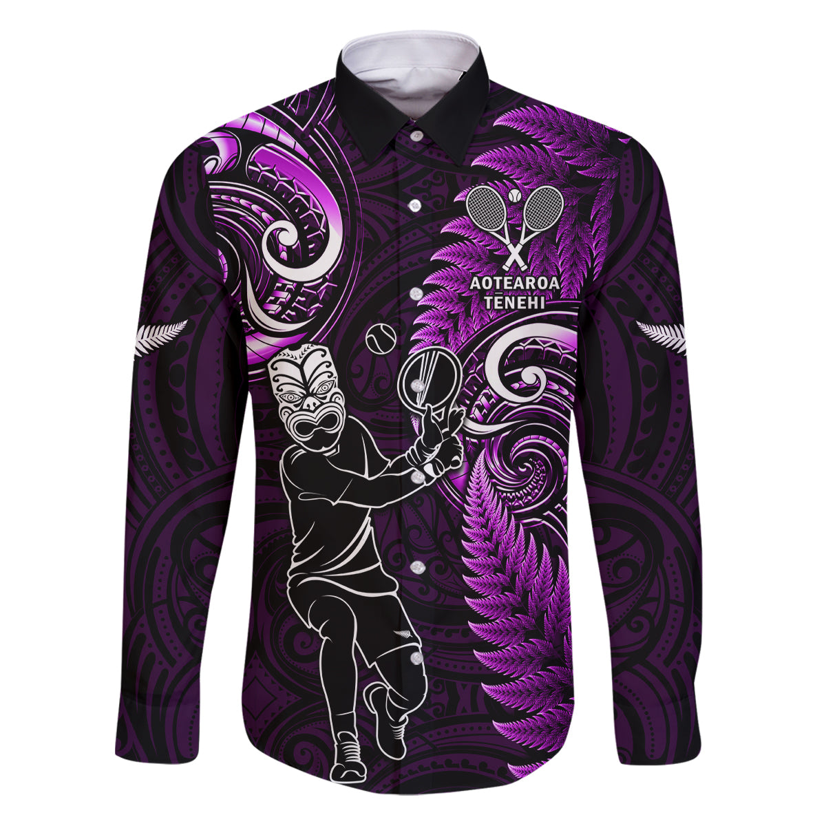 Custom New Zealand Tiki Tennis Family Matching Puletasi and Hawaiian Shirt 2024 Aotearoa Tenehi Maori Silver Fern - Purple LT14 Dad's Shirt - Long Sleeve Purple - Polynesian Pride