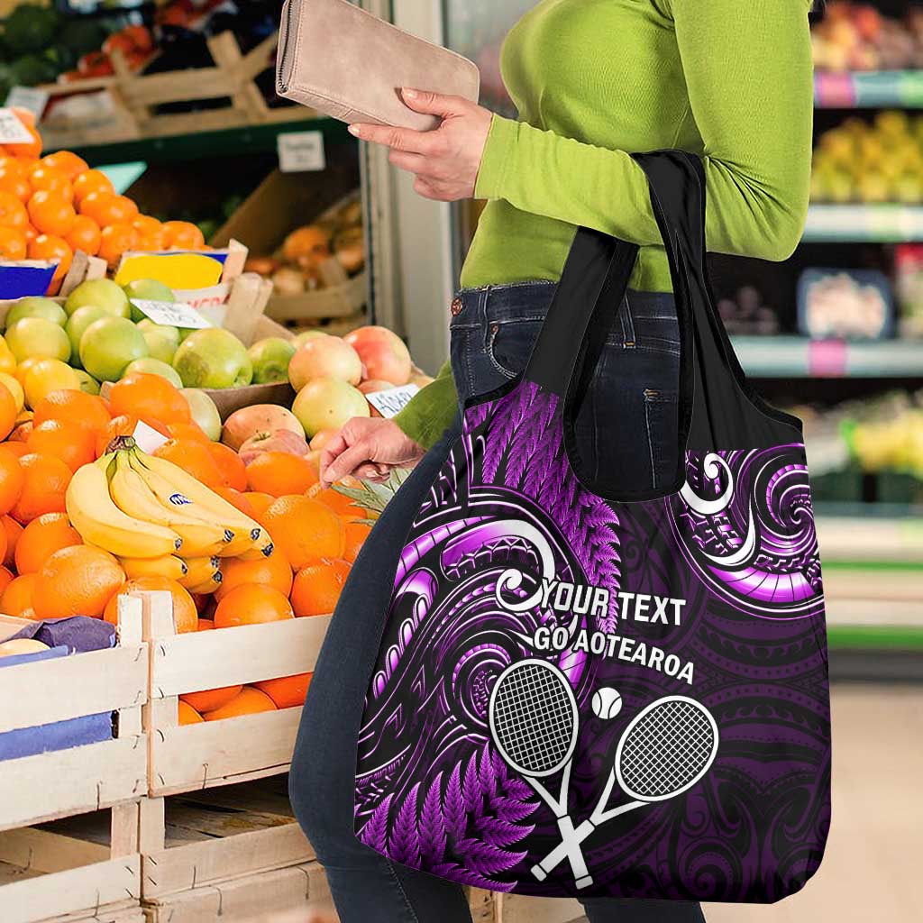 Custom New Zealand Tiki Tennis Grocery Bag Aotearoa Tenehi Maori Silver Fern - Purple LT14 - Polynesian Pride