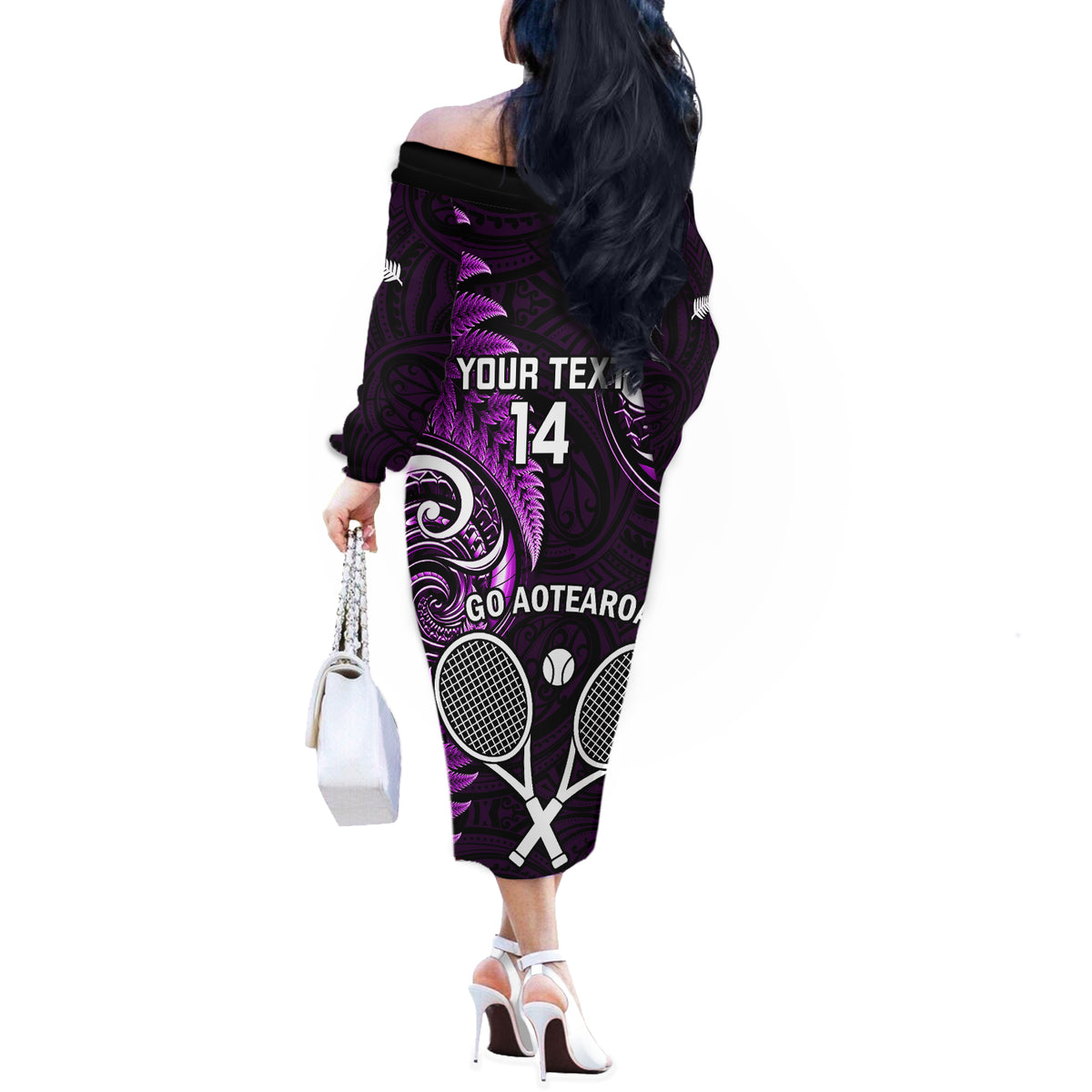 Custom New Zealand Tiki Tennis Off The Shoulder Long Sleeve Dress 2024 Aotearoa Tenehi Maori Silver Fern - Purple LT14 - Polynesian Pride