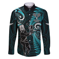 New Zealand Tiki Tennis Family Matching Off Shoulder Long Sleeve Dress and Hawaiian Shirt 2024 Aotearoa Tenehi Maori Silver Fern - Turquoise LT14 Dad's Shirt - Long Sleeve Turquoise - Polynesian Pride