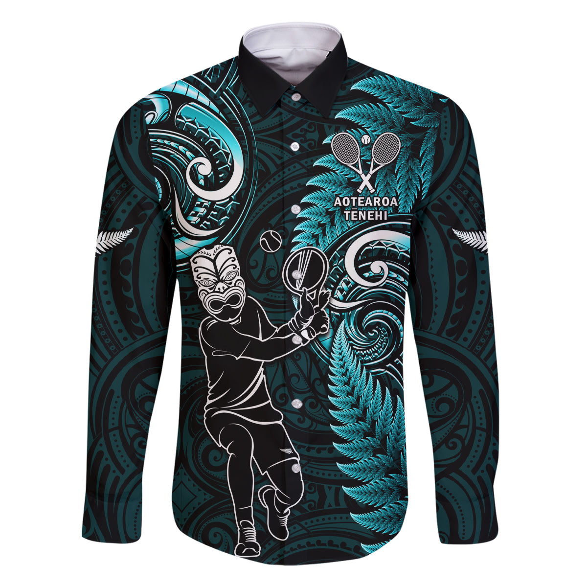 Custom New Zealand Tiki Tennis Family Matching Mermaid Dress and Hawaiian Shirt 2024 Aotearoa Tenehi Maori Silver Fern - Turquoise LT14 Dad's Shirt - Long Sleeve Turquoise - Polynesian Pride