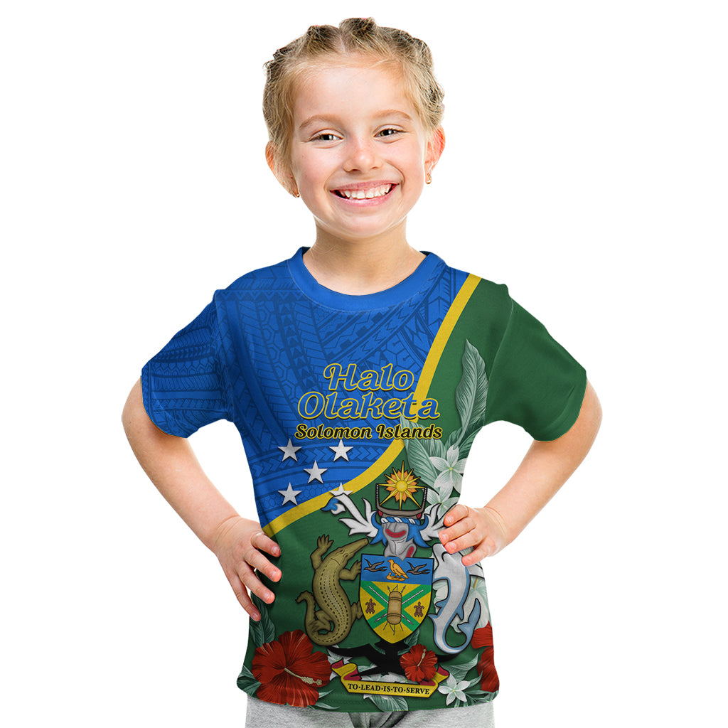 Personalised Halo Olaketa Solomon Islands Kid T Shirt Coat Of Arms With Tropical Flowers Flag Style LT14 Green - Polynesian Pride