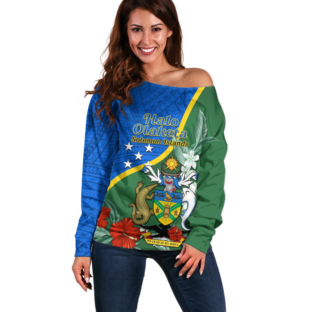 Personalised Halo Olaketa Solomon Islands Off Shoulder Sweater Coat Of Arms With Tropical Flowers Flag Style LT14 Women Green - Polynesian Pride