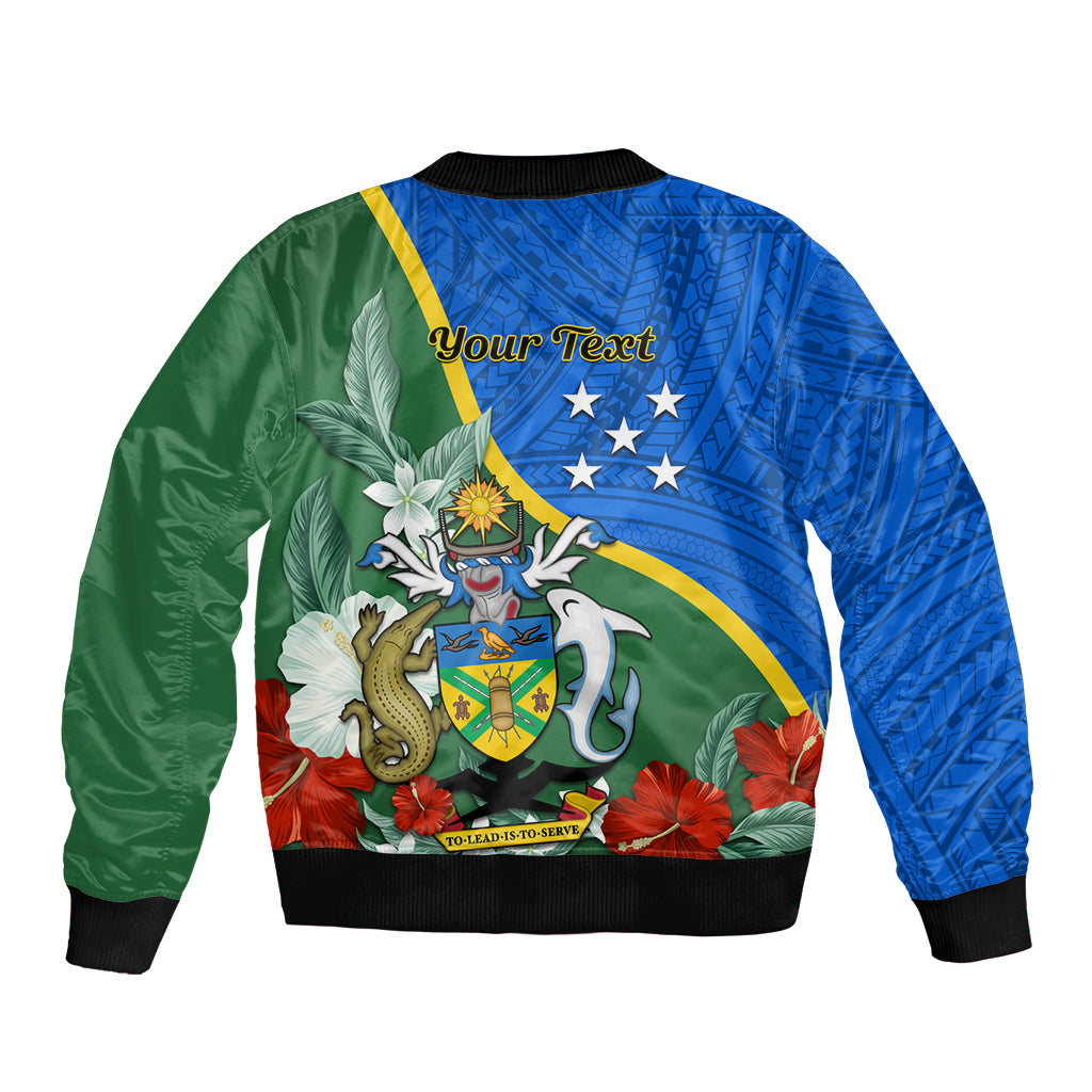 Personalised Halo Olaketa Solomon Islands Sleeve Zip Bomber Jacket Coat Of Arms With Tropical Flowers Flag Style LT14 - Polynesian Pride