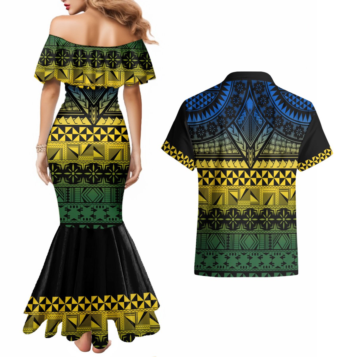 Halo Olaketa Solomon Islands Couples Matching Mermaid Dress and Hawaiian Shirt Melanesian Tribal Pattern Gradient Version LT14 - Polynesian Pride