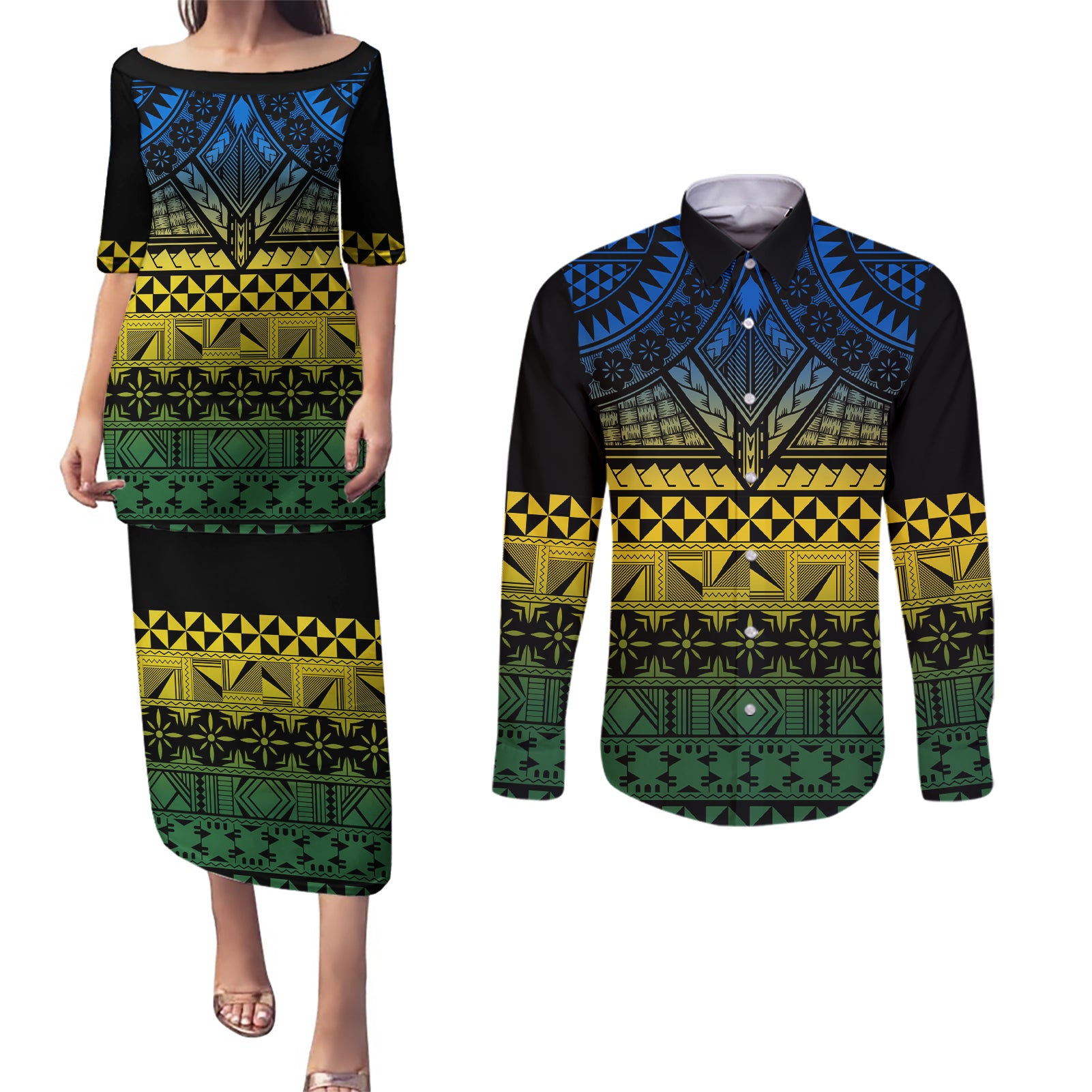 Halo Olaketa Solomon Islands Couples Matching Puletasi and Long Sleeve Button Shirt Melanesian Tribal Pattern Gradient Version LT14 Black - Polynesian Pride