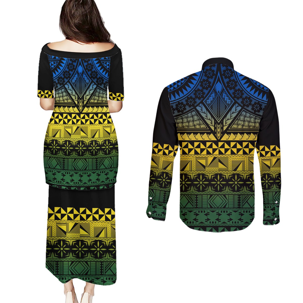 Halo Olaketa Solomon Islands Couples Matching Puletasi and Long Sleeve Button Shirt Melanesian Tribal Pattern Gradient Version LT14 - Polynesian Pride