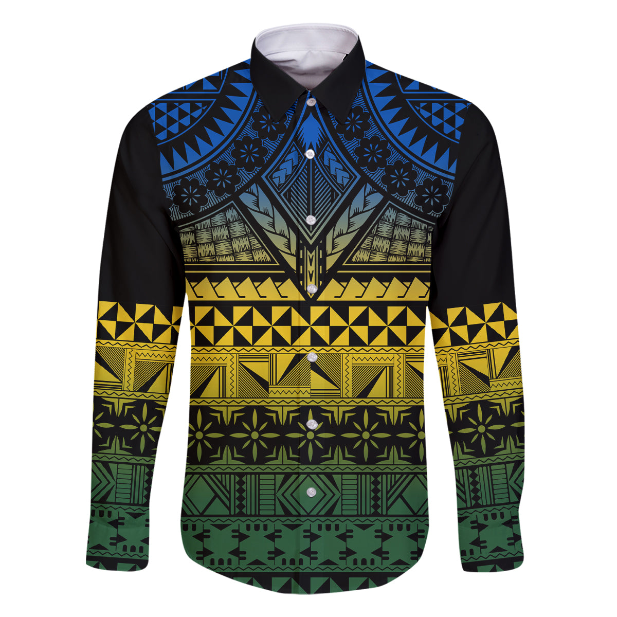 Halo Olaketa Solomon Islands Family Matching Off Shoulder Maxi Dress and Hawaiian Shirt Melanesian Tribal Pattern Gradient Version LT14 Dad's Shirt - Long Sleeve Black - Polynesian Pride