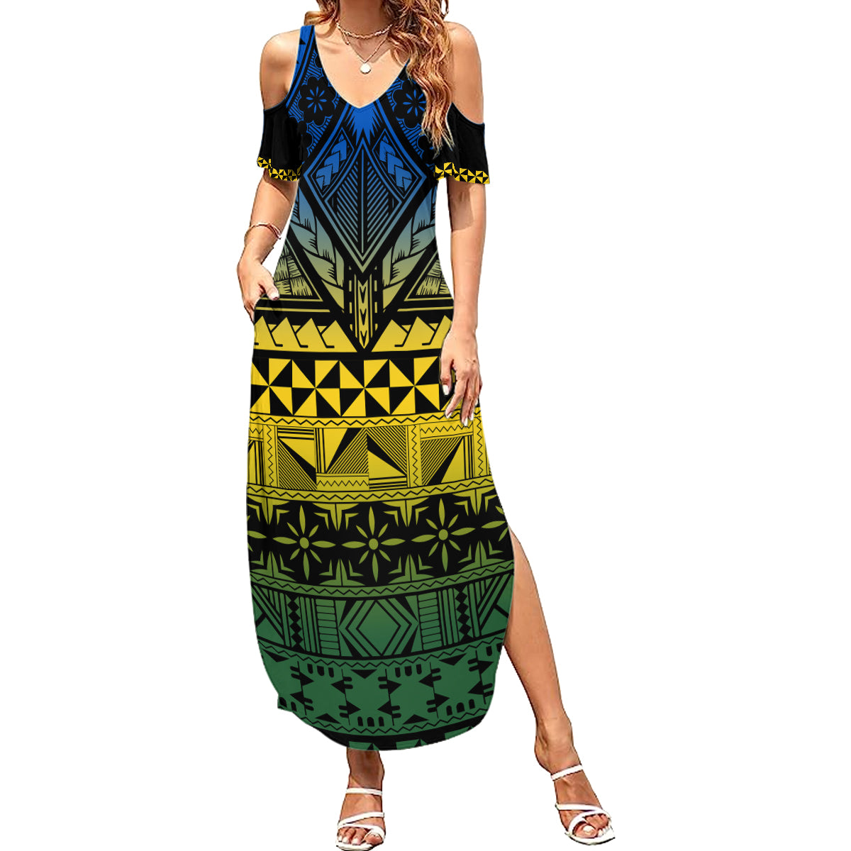 Halo Olaketa Solomon Islands Family Matching Summer Maxi Dress and Hawaiian Shirt Melanesian Tribal Pattern Gradient Version LT14 Mom's Dress Black - Polynesian Pride