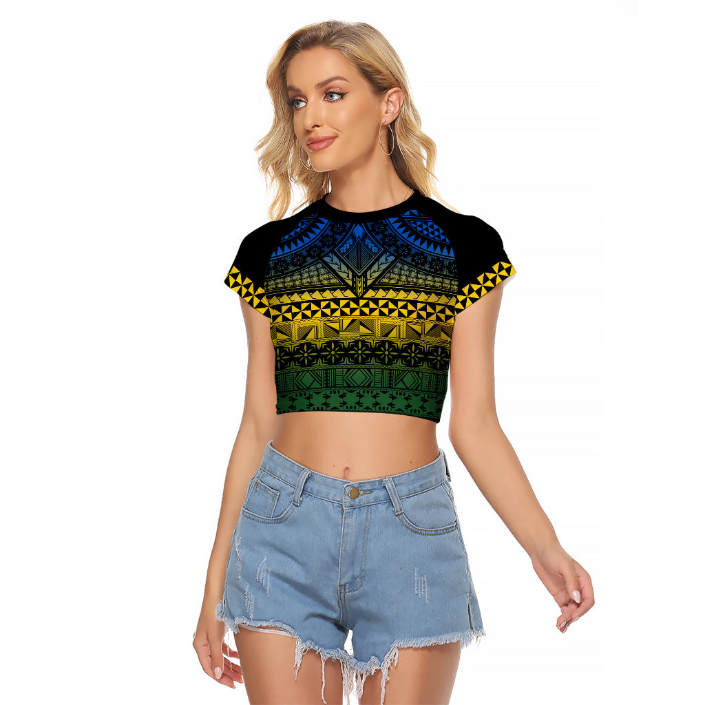 Halo Olaketa Solomon Islands Raglan Cropped T Shirt Melanesian Tribal Pattern Gradient Version LT14 Female Black - Polynesian Pride