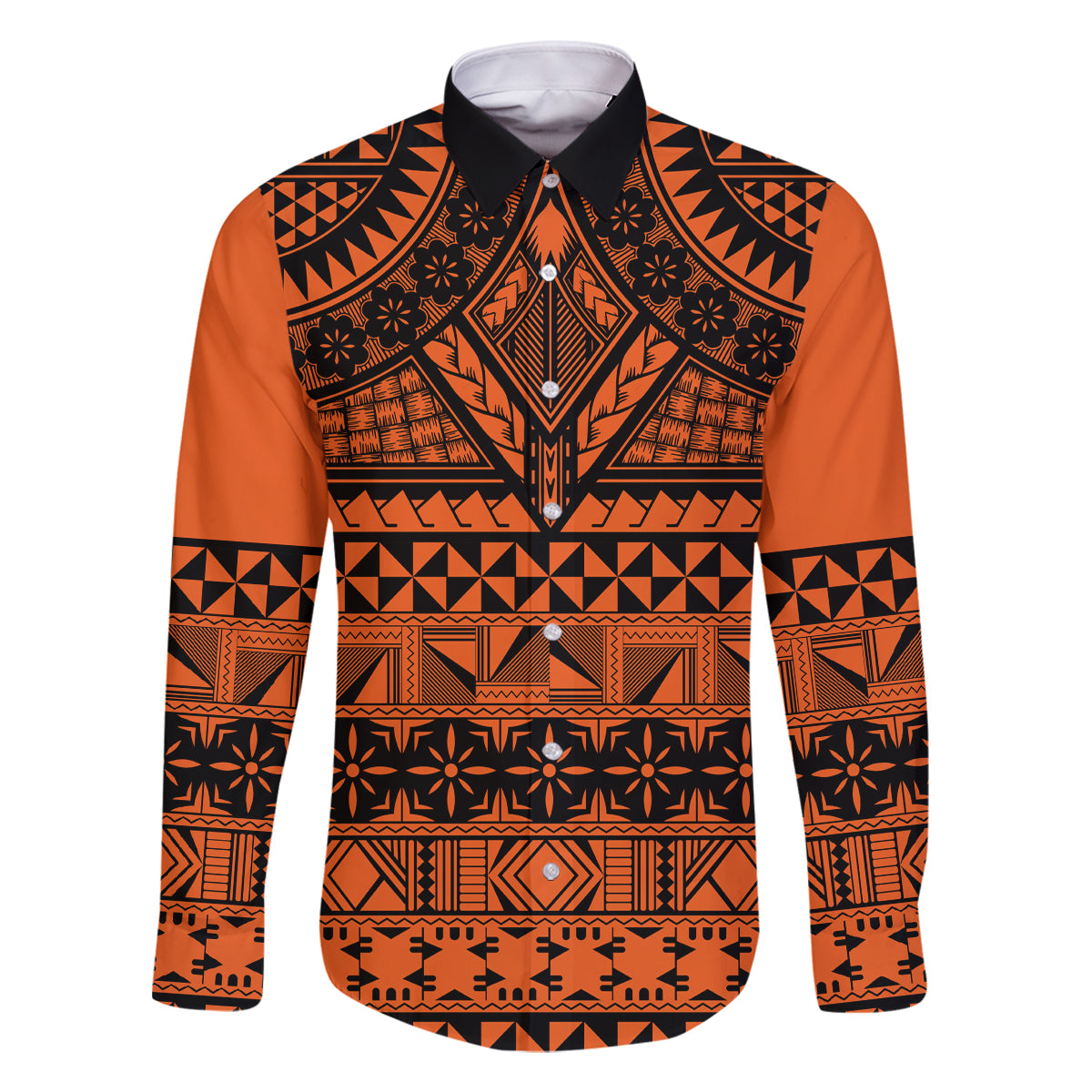 Halo Olaketa Solomon Islands Family Matching Off Shoulder Long Sleeve Dress and Hawaiian Shirt Melanesian Tribal Pattern Orange Version LT14 Dad's Shirt - Long Sleeve Orange - Polynesian Pride