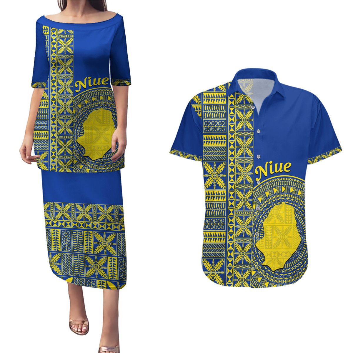 Fakaalofa Lahi Atu Niue Couples Matching Puletasi and Hawaiian Shirt Niuean Map With Hiapo Pattern Blue Version LT14 Blue - Polynesian Pride