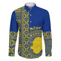 Fakaalofa Lahi Atu Niue Family Matching Off Shoulder Maxi Dress and Hawaiian Shirt Niuean Map With Hiapo Pattern Blue Version LT14 Dad's Shirt - Long Sleeve Blue - Polynesian Pride