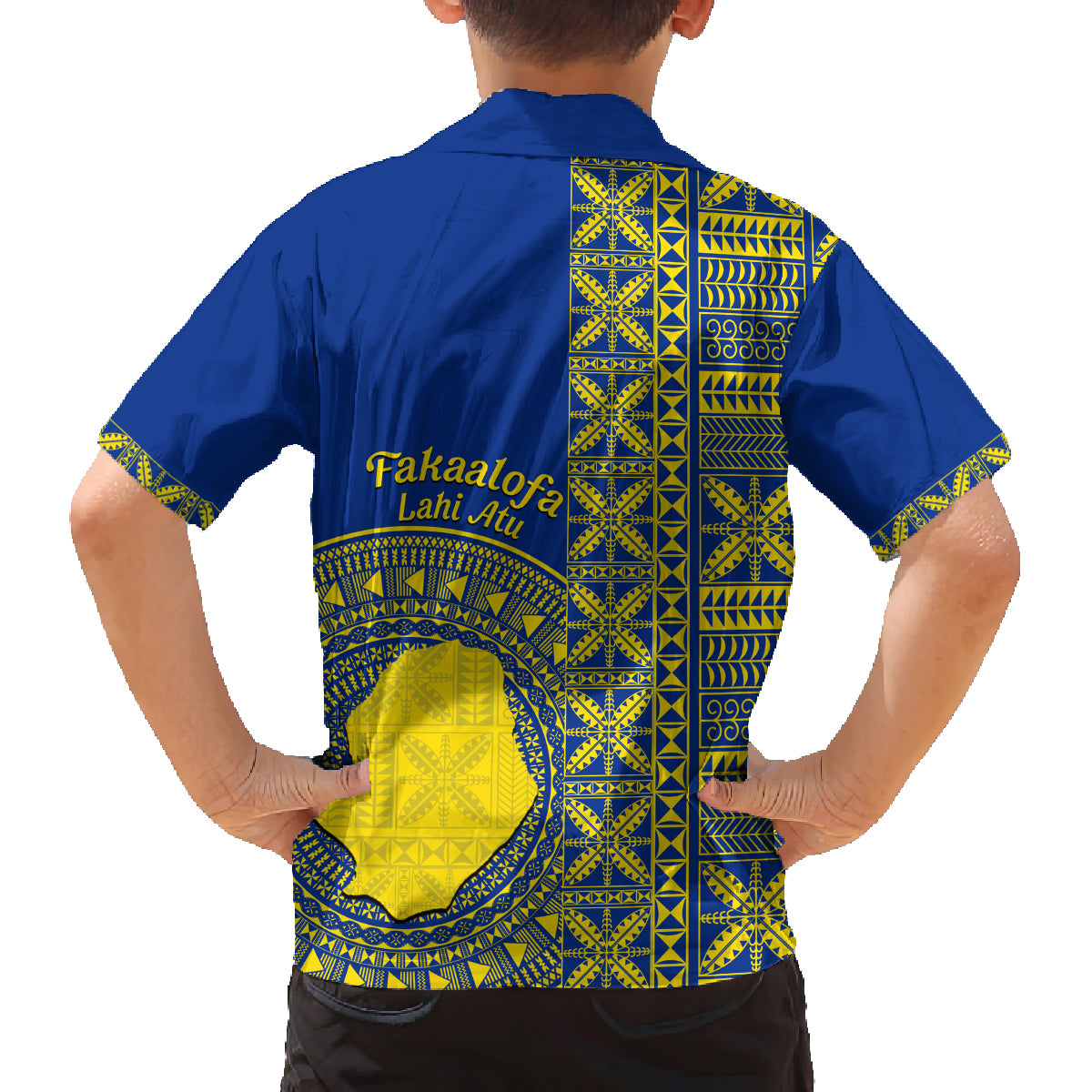 Fakaalofa Lahi Atu Niue Family Matching Off Shoulder Short Dress and Hawaiian Shirt Niuean Map With Hiapo Pattern Blue Version LT14 - Polynesian Pride