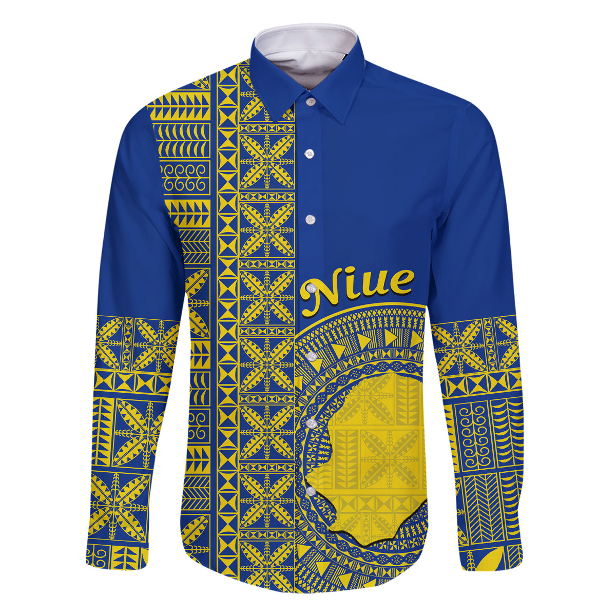 Fakaalofa Lahi Atu Niue Family Matching Summer Maxi Dress and Hawaiian Shirt Niuean Map With Hiapo Pattern Blue Version LT14 Dad's Shirt - Long Sleeve Blue - Polynesian Pride