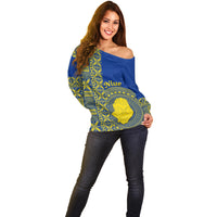 Fakaalofa Lahi Atu Niue Off Shoulder Sweater Niuean Map With Hiapo Pattern Blue Version LT14 - Polynesian Pride