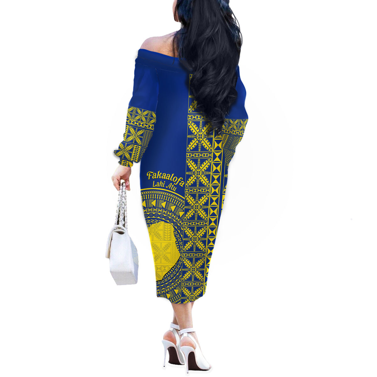 Fakaalofa Lahi Atu Niue Off The Shoulder Long Sleeve Dress Niuean Map With Hiapo Pattern Blue Version LT14 - Polynesian Pride