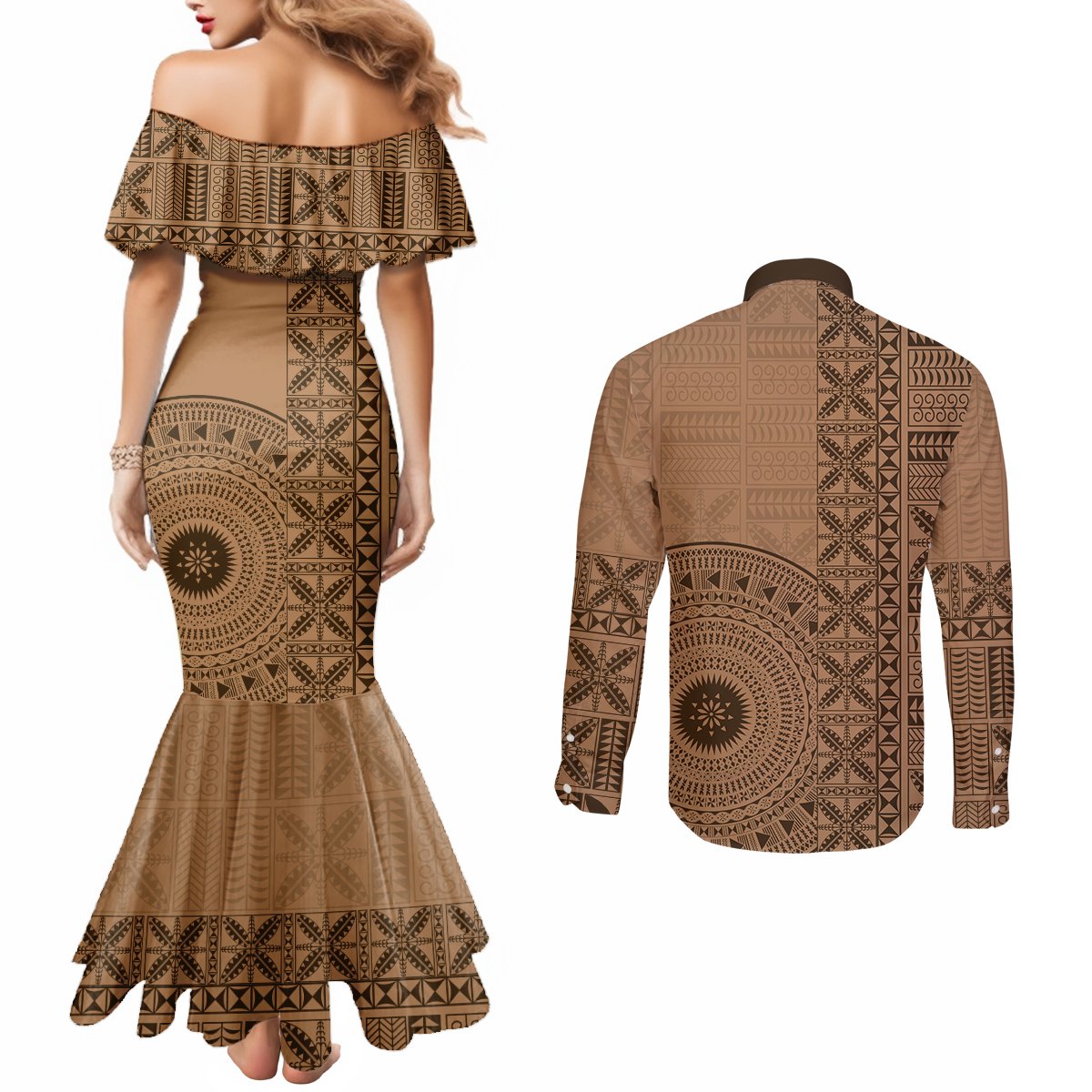 Fakaalofa Lahi Atu Niue Couples Matching Mermaid Dress and Long Sleeve Button Shirt Vintage Hiapo Pattern Brown Version LT14 - Polynesian Pride