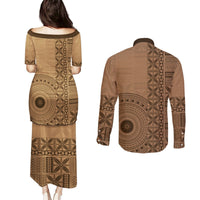 Fakaalofa Lahi Atu Niue Couples Matching Puletasi and Long Sleeve Button Shirt Vintage Hiapo Pattern Brown Version LT14 - Polynesian Pride