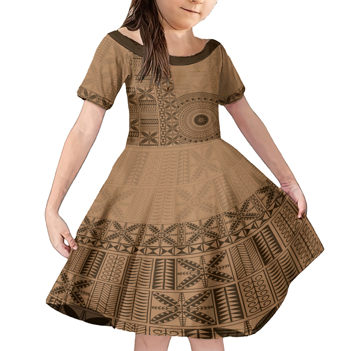 Fakaalofa Lahi Atu Niue Family Matching Long Sleeve Bodycon Dress and Hawaiian Shirt Vintage Hiapo Pattern Brown Version LT14 Daughter's Dress Brown - Polynesian Pride