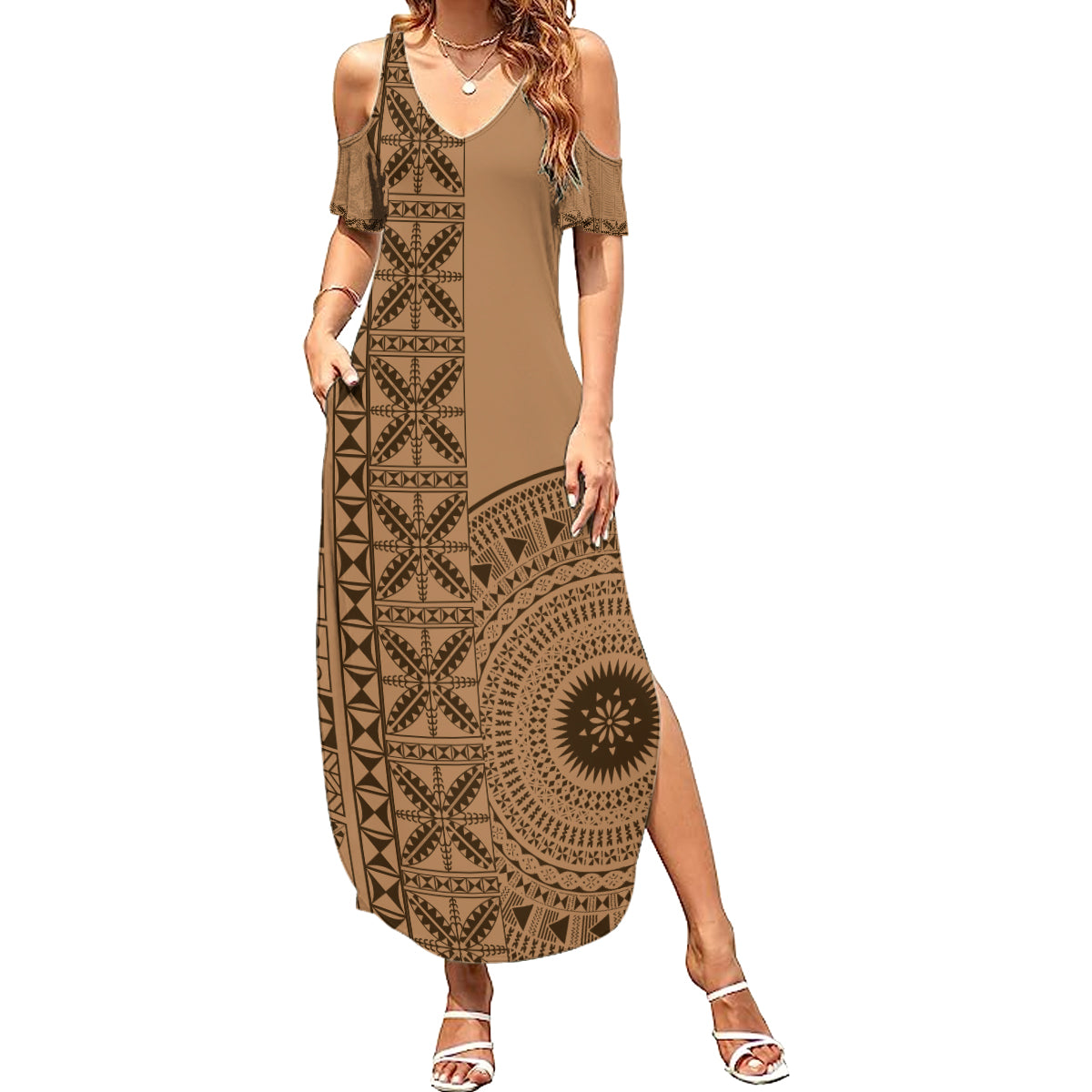 Fakaalofa Lahi Atu Niue Family Matching Summer Maxi Dress and Hawaiian Shirt Vintage Hiapo Pattern Brown Version LT14 Mom's Dress Brown - Polynesian Pride