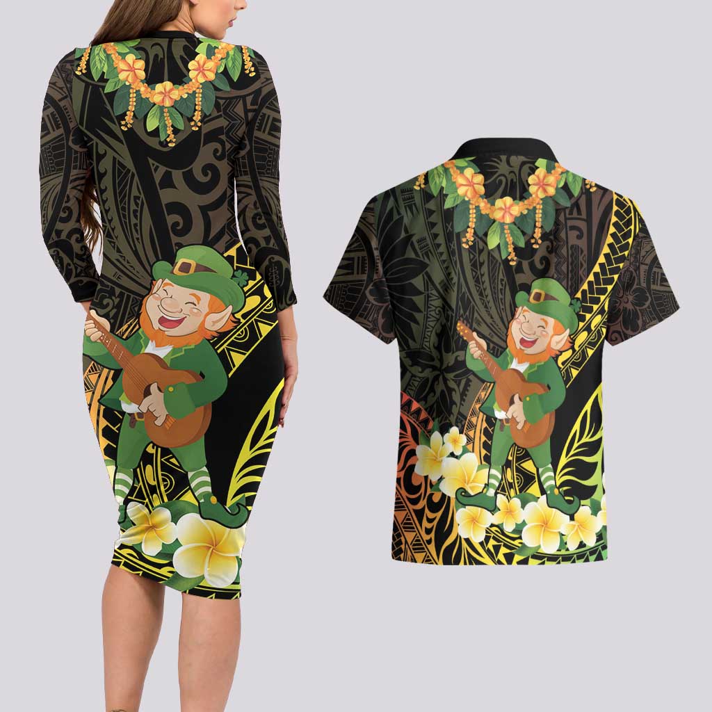 Hawaii Saint Patrick's Day Couples Matching Long Sleeve Bodycon Dress and Hawaiian Shirt Ukulele Leprechaun Hau'Oli Maoli Oe! LT14 - Polynesian Pride