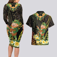 Hawaii Saint Patrick's Day Couples Matching Long Sleeve Bodycon Dress and Hawaiian Shirt Ukulele Leprechaun Hau'Oli Maoli Oe! LT14 - Polynesian Pride