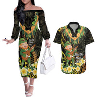 Hawaii Saint Patrick's Day Couples Matching Off The Shoulder Long Sleeve Dress and Hawaiian Shirt Ukulele Leprechaun Hau'Oli Maoli Oe! LT14 Reggae - Polynesian Pride