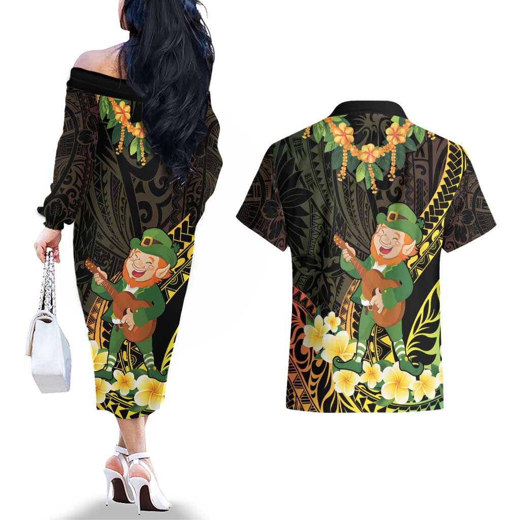 Hawaii Saint Patrick's Day Couples Matching Off The Shoulder Long Sleeve Dress and Hawaiian Shirt Ukulele Leprechaun Hau'Oli Maoli Oe! LT14 - Polynesian Pride