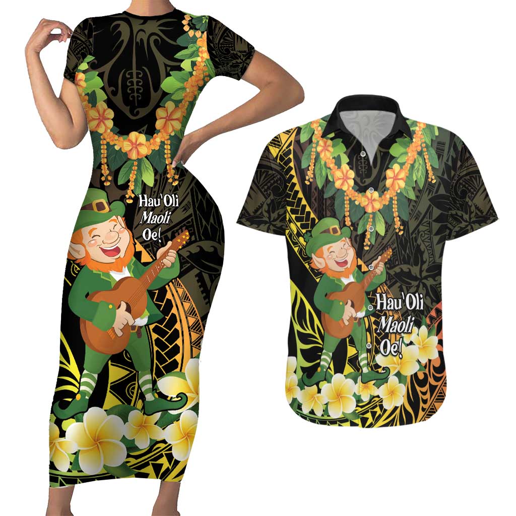 Hawaii Saint Patrick's Day Couples Matching Short Sleeve Bodycon Dress and Hawaiian Shirt Ukulele Leprechaun Hau'Oli Maoli Oe! LT14 Reggae - Polynesian Pride