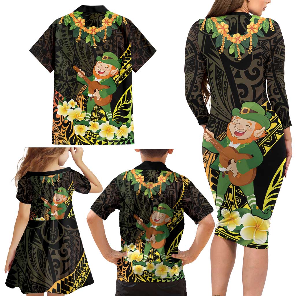 Hawaii Saint Patrick's Day Family Matching Long Sleeve Bodycon Dress and Hawaiian Shirt Ukulele Leprechaun Hau'Oli Maoli Oe! LT14 - Polynesian Pride