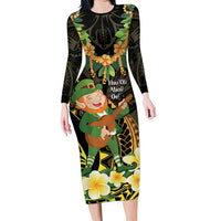 Hawaii Saint Patrick's Day Family Matching Long Sleeve Bodycon Dress and Hawaiian Shirt Ukulele Leprechaun Hau'Oli Maoli Oe! LT14 Mom's Dress Reggae - Polynesian Pride