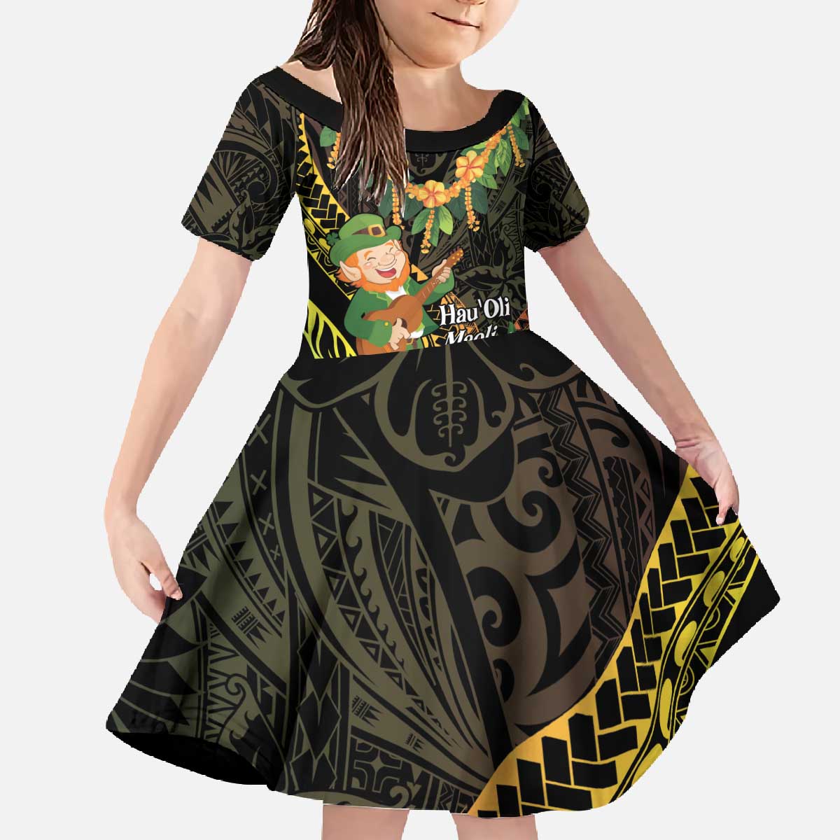 Hawaii Saint Patrick's Day Family Matching Off The Shoulder Long Sleeve Dress and Hawaiian Shirt Ukulele Leprechaun Hau'Oli Maoli Oe! LT14 Daughter's Dress Reggae - Polynesian Pride