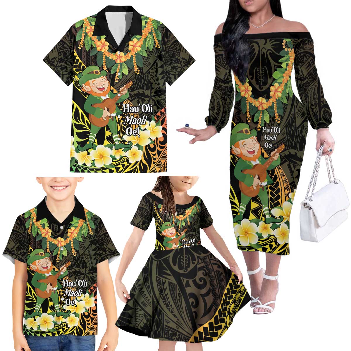 Hawaii Saint Patrick's Day Family Matching Off The Shoulder Long Sleeve Dress and Hawaiian Shirt Ukulele Leprechaun Hau'Oli Maoli Oe! LT14 - Polynesian Pride