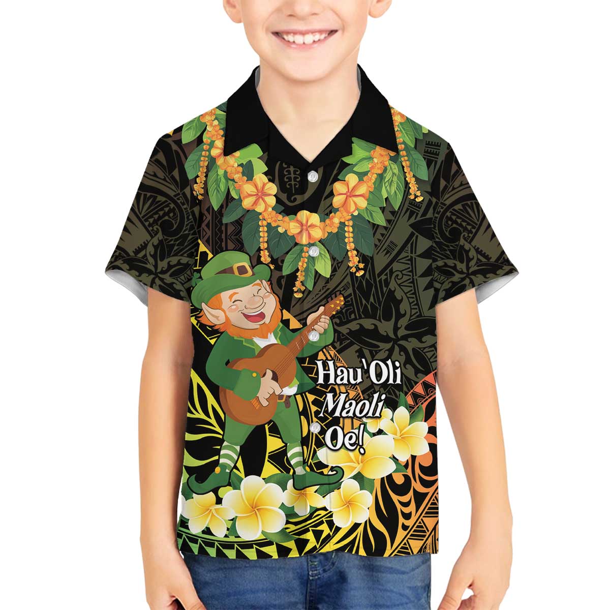 Hawaii Saint Patrick's Day Family Matching Off The Shoulder Long Sleeve Dress and Hawaiian Shirt Ukulele Leprechaun Hau'Oli Maoli Oe! LT14 Son's Shirt Reggae - Polynesian Pride