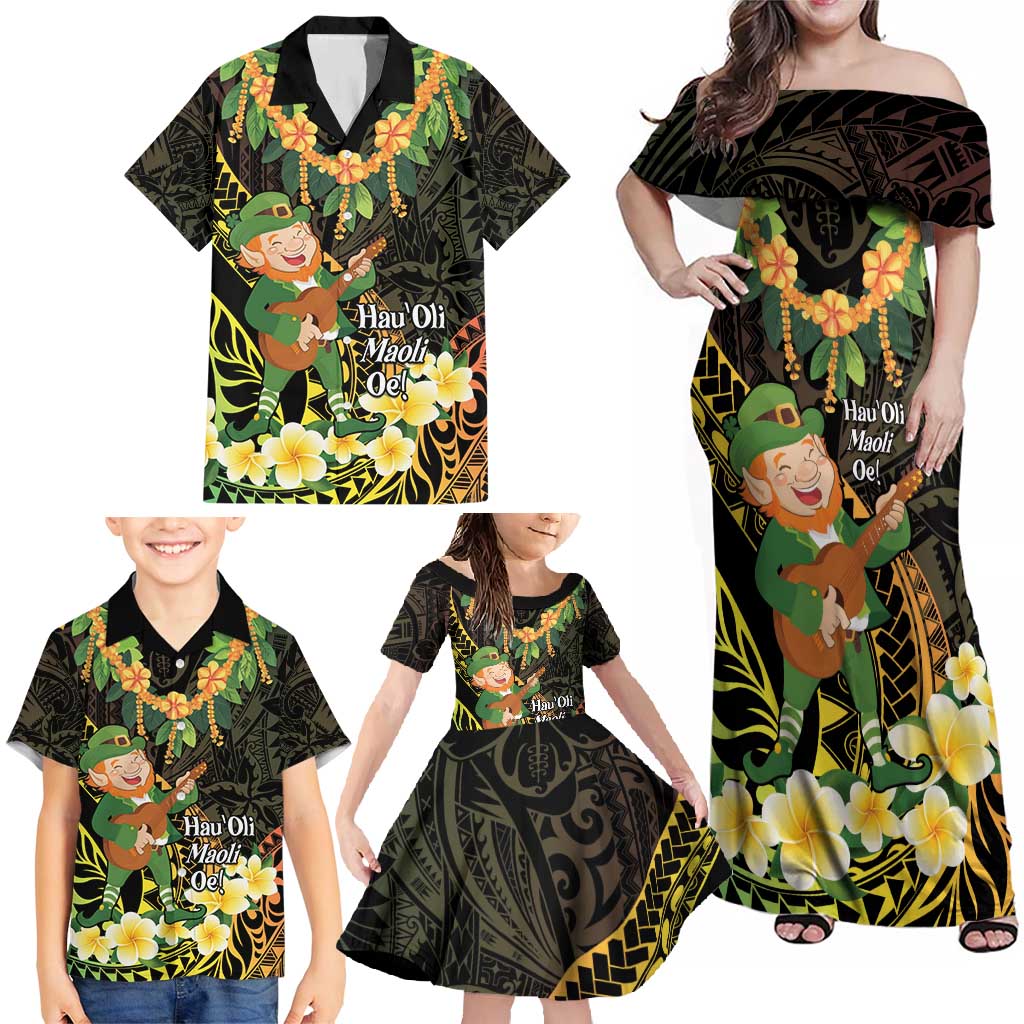 Hawaii Saint Patrick's Day Family Matching Off Shoulder Maxi Dress and Hawaiian Shirt Ukulele Leprechaun Hau'Oli Maoli Oe! LT14 - Polynesian Pride