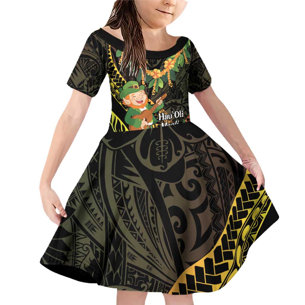 Hawaii Saint Patrick's Day Family Matching Off Shoulder Short Dress and Hawaiian Shirt Ukulele Leprechaun Hau'Oli Maoli Oe! LT14 Daughter's Dress Reggae - Polynesian Pride