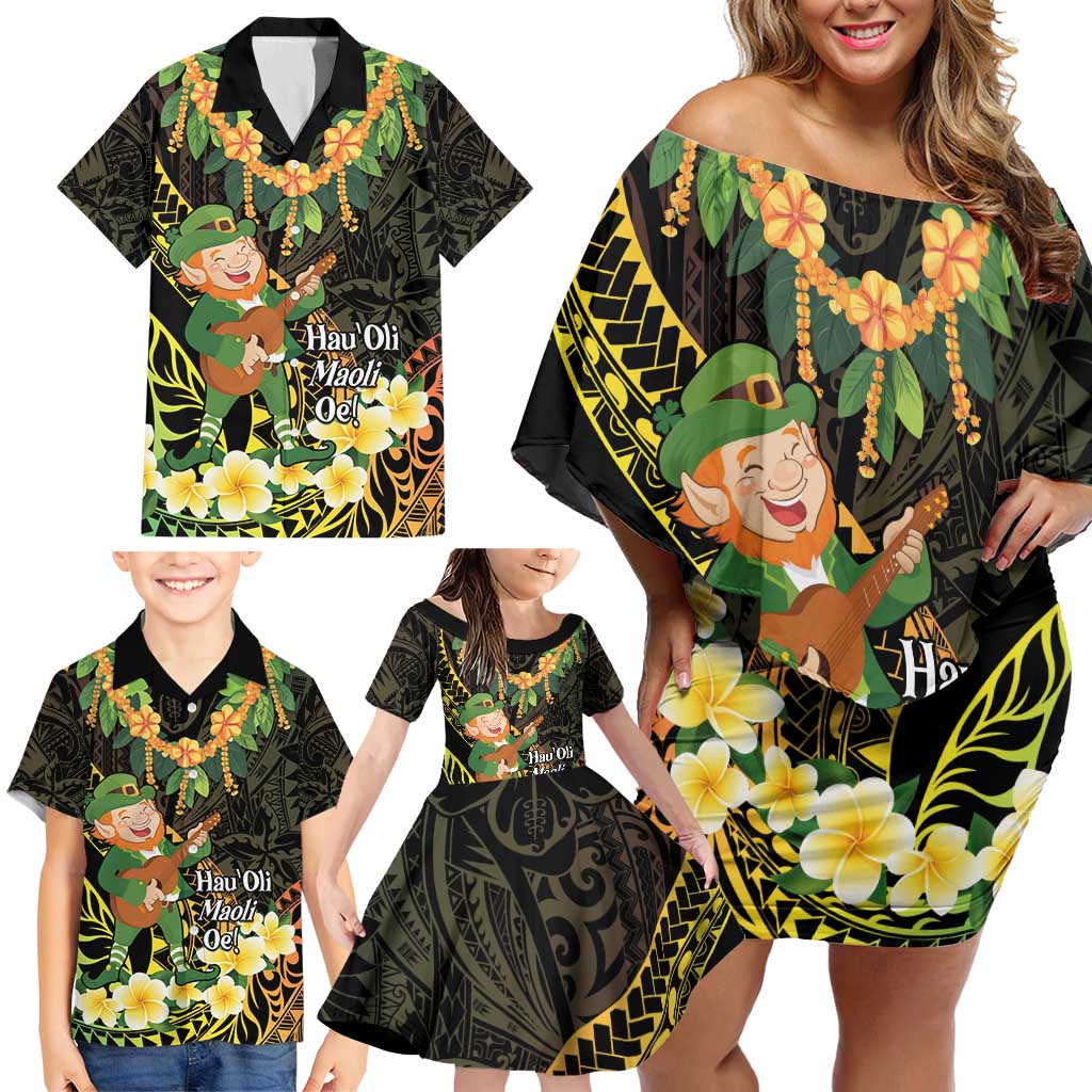Hawaii Saint Patrick's Day Family Matching Off Shoulder Short Dress and Hawaiian Shirt Ukulele Leprechaun Hau'Oli Maoli Oe! LT14 - Polynesian Pride
