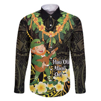 Hawaii Saint Patrick's Day Family Matching Off Shoulder Short Dress and Hawaiian Shirt Ukulele Leprechaun Hau'Oli Maoli Oe! LT14 Dad's Shirt - Long Sleeve Reggae - Polynesian Pride