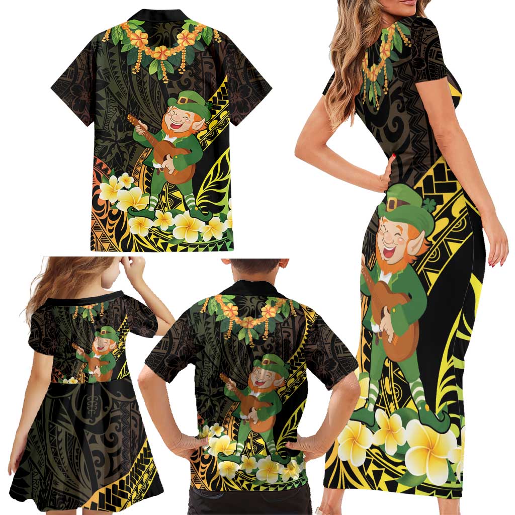 Hawaii Saint Patrick's Day Family Matching Short Sleeve Bodycon Dress and Hawaiian Shirt Ukulele Leprechaun Hau'Oli Maoli Oe! LT14 - Polynesian Pride