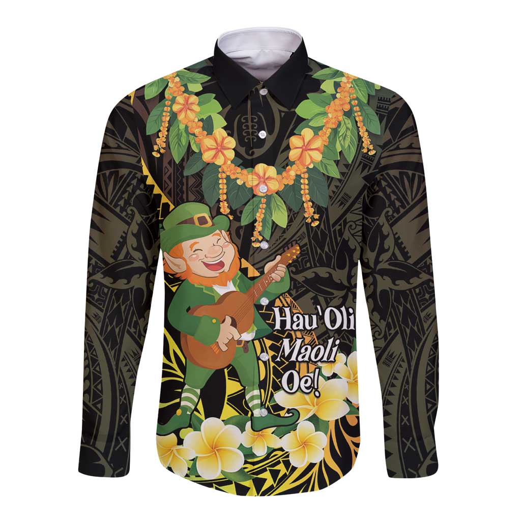 Hawaii Saint Patrick's Day Long Sleeve Button Shirt Ukulele Leprechaun Hau'Oli Maoli Oe! LT14 Unisex Reggae - Polynesian Pride