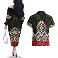 Kia Ora Aotearoa Couples Matching Off The Shoulder Long Sleeve Dress and Hawaiian Shirt 2025 Pasifika Maori Taniko Motifs LT14 - Polynesian Pride