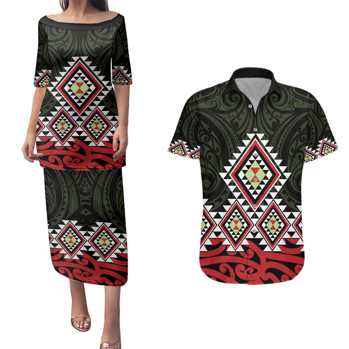 Kia Ora Aotearoa Couples Matching Puletasi and Hawaiian Shirt 2025 Pasifika Maori Taniko Motifs