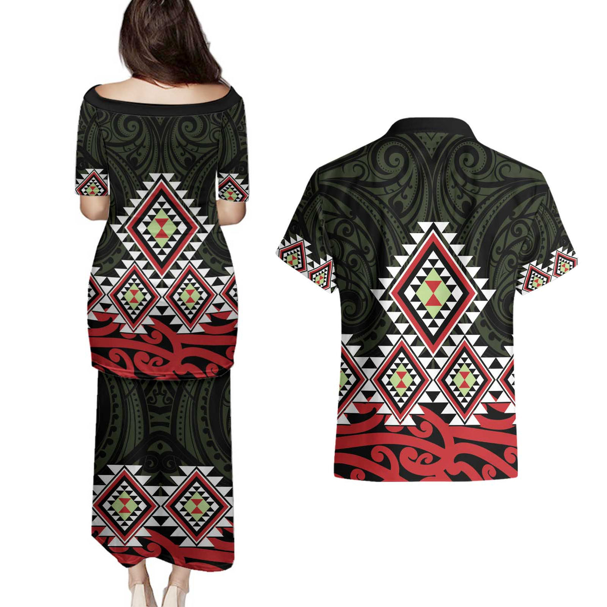 Kia Ora Aotearoa Couples Matching Puletasi and Hawaiian Shirt 2025 Pasifika Maori Taniko Motifs
