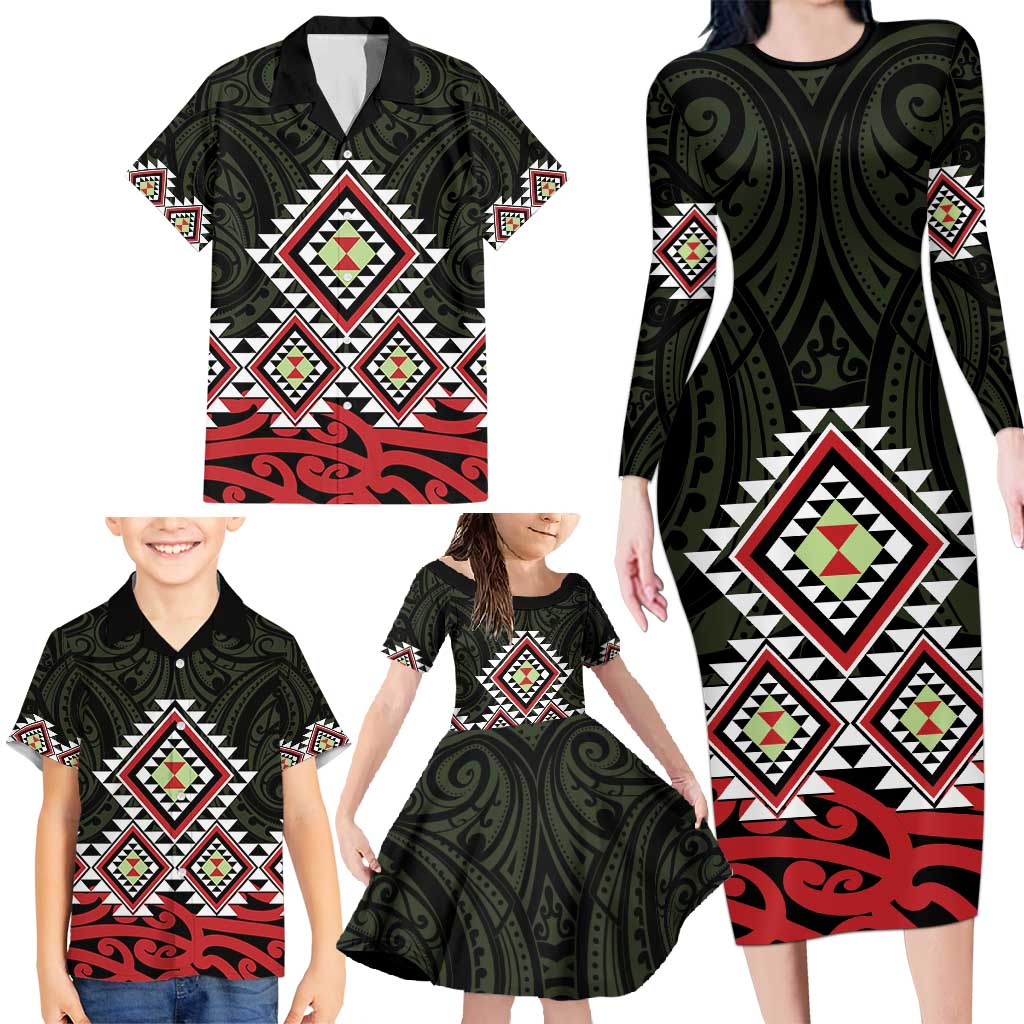 Kia Ora Aotearoa Family Matching Long Sleeve Bodycon Dress and Hawaiian Shirt 2025 Pasifika Maori Taniko Motifs LT14 - Polynesian Pride