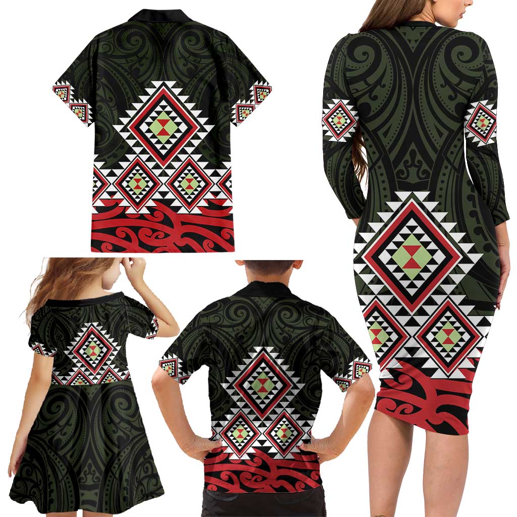 Kia Ora Aotearoa Family Matching Long Sleeve Bodycon Dress and Hawaiian Shirt 2025 Pasifika Maori Taniko Motifs LT14 - Polynesian Pride