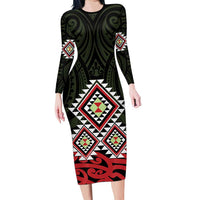 Kia Ora Aotearoa Family Matching Long Sleeve Bodycon Dress and Hawaiian Shirt 2025 Pasifika Maori Taniko Motifs LT14 Mom's Dress Black - Polynesian Pride