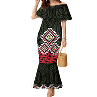 Kia Ora Aotearoa Family Matching Mermaid Dress and Hawaiian Shirt 2025 Pasifika Maori Taniko Motifs LT14 Mom's Dress Black - Polynesian Pride