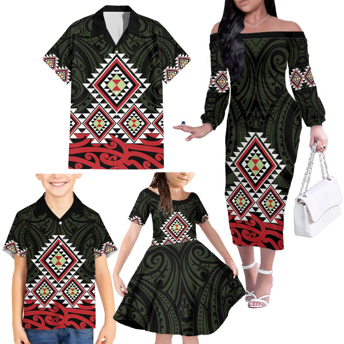 Kia Ora Aotearoa Family Matching Off The Shoulder Long Sleeve Dress and Hawaiian Shirt 2025 Pasifika Maori Taniko Motifs LT14 - Polynesian Pride